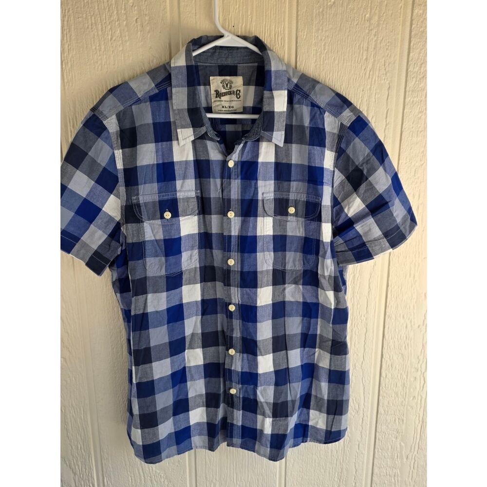 Men's Roebuck & Co Blue and White Plaid Short Sleeve Button-Down